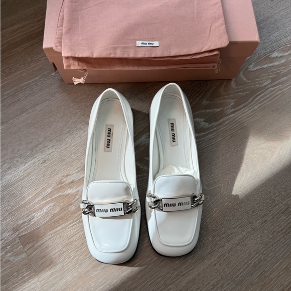 Miu Miu Shoes - Miu Miu White Patent Leather Chain Logo Loafers Size 37 w/ Box & Dust Bag